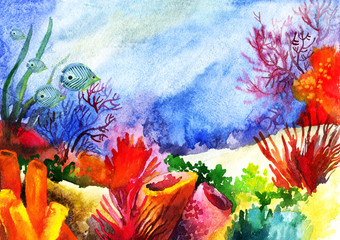 Underwater landscape with coral reef watercolor painted. © Tanya Syrytsyna