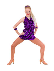 Naklejka premium young female in short sparkling purple dress, dancing disco, isolated