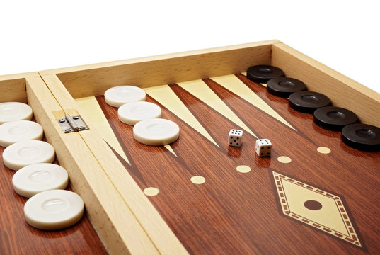Backgammon Board Game with Black and White Pieces and Dice