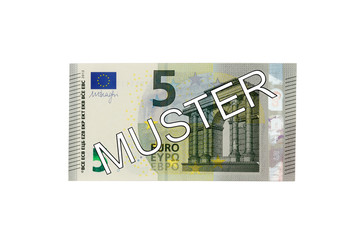 Fünf (5) Euro Geldschein Vorderseite mit Schriftzug Muster