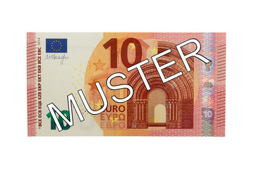 Zehn (10) Euro Geldschein Vorderseite mit Schriftzug Muster