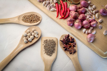 Healthy eating Background with herbs and spices selection beige