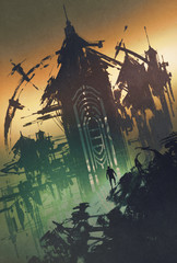 Fototapeta premium dark mysterious tower at twilight,illustration painting