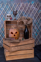 Alchemy Halloween composition with pumpkin