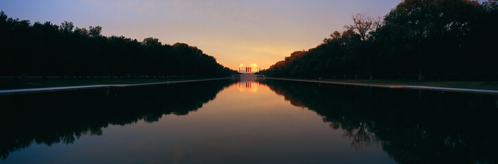 The Lincoln Memorial at Sunset with mirror image from reflecting pool in Washington D.C.