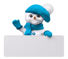 Snowman with banner isolated 3d rendering