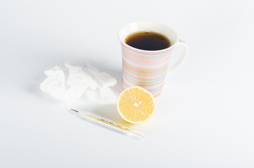 handkerchiefs and hot tea with lemon, treatment of colds, flu an