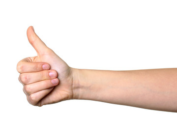 female hand showing thumb up isolated on white background
