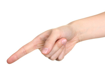  female hand touching or pointing to something isolated on white