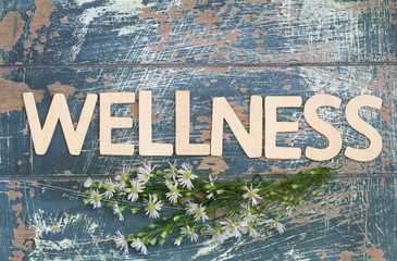 Wellness written with wooden letters, fresh chamomile flowers on rustic surface
