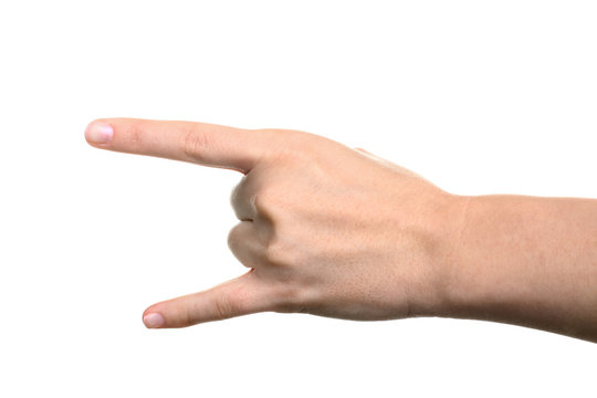 Hand giving the devil horns gesture on a white isolated background