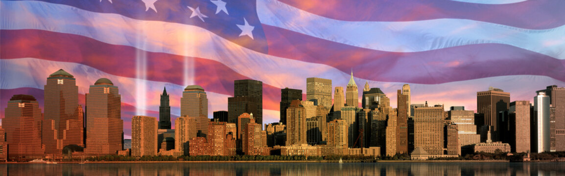 Digital composite: Manhattan skyline, World Trade Center Light Memorial,  American flag