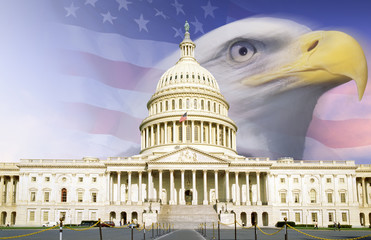 Digital composite: U.S. Capitol with American eagle and flag