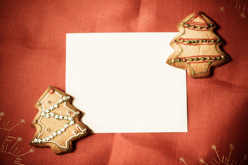 Homemade cookies on red background. Empty space for your text. Vintage style