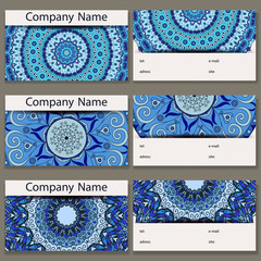 Set of six business cards. Vintage pattern in retro style with mandala. Hand drawn Islam, Arabic, Indian, lace pattern