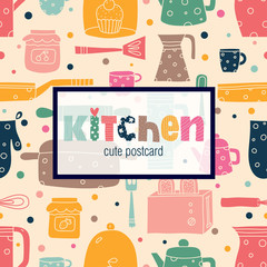 Cute kitchen vector postcard.