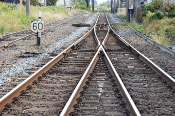 Fototapeta na wymiar 線路（鶴岡駅近く）／山形県の庄内地方で羽越本線の線路（単線）を撮影したローカルイメージの写真です。JR鶴岡駅近くで撮影した写真になります。