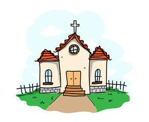 Church, a hand drawn vector illustration of a church (editable background).