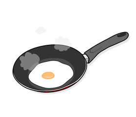 Cooking Fried Egg, a hand drawn vector illustration of cooking a sunny side up egg on a cooking pan (editable smoke and shadow backdrop).
