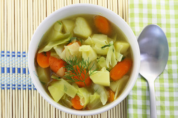 Bowl of cabbage soup on bamboo mat
