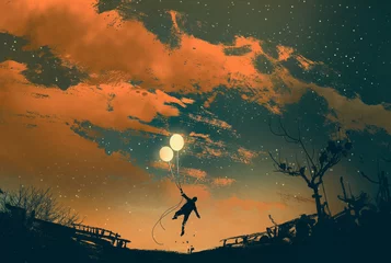 Cercles muraux Grand échec homme volant avec des lumières de ballon au coucher du soleil, peinture d& 39 illustration