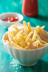 french fries with ketchup over green background