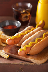 grilled hot dogs with mustard and french fries