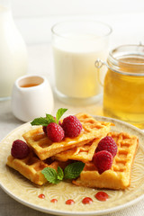 Sweet homemade waffles with fresh raspberries on plate, on light background