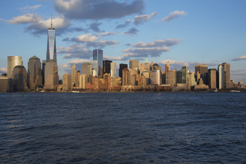 Panoramic view of New York City Skyline on water featuring One World Trade Center (1WTC), Freedom Tower, New York City, New York, USA, 03.20.2014