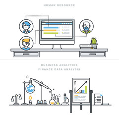 Flat line design vector illustration concepts for human resources, people management, professional skills, business analytics, finance data analysis, for website banner and landing page.