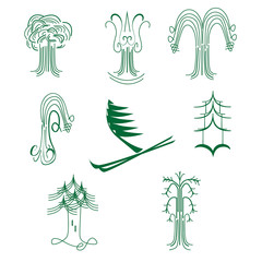 A set of abstract graphical symbols of green trees