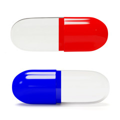 Red and blue transparent medical capsules isolated on white background 