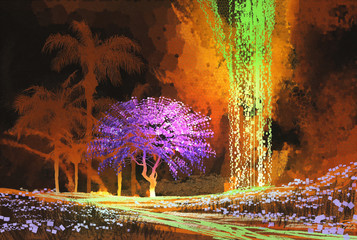 tropical landscape showing purple tree in cave with waterfall,digital painting style