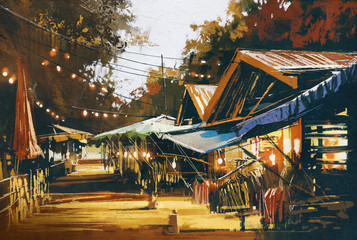 street of traditional market at evening,oil painting style