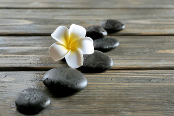 Fototapeta na wymiar White plumeria flower with pebbles on wooden background