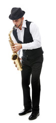 Naklejka premium Happy saxophonist plays music on sax in elegant suit on white background