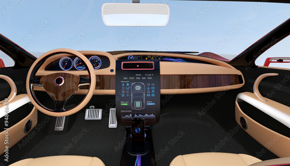Poster electric car console. user using touch screen to control the system. original design.