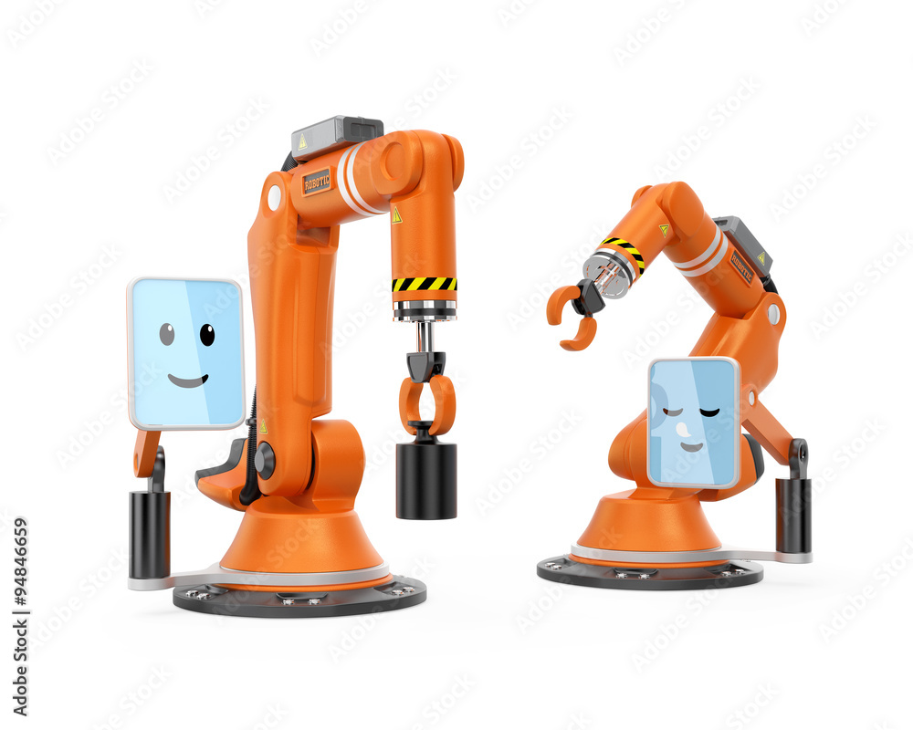 Poster two robotic arms with monitor which showing cute character face icon. user friendly interface easy t