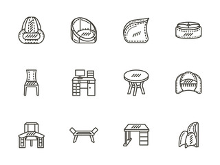 Chairs and tables flat line icons set