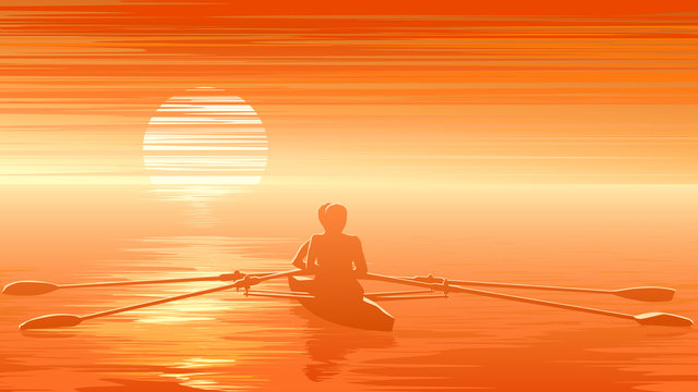 Illustration of sunset with rowers at sunset.