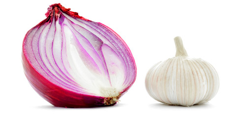 Garlic and red onion half closeup macro isolated on white