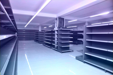 Perspective 3d  view of a shopping aisle with empty shelves in motion blurd