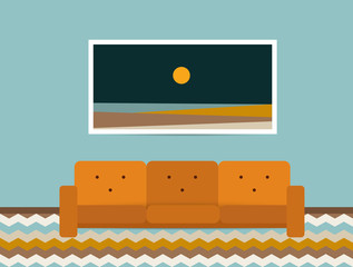 Living room interior. Retro style sofa and carpet. Flat design vector illustration.