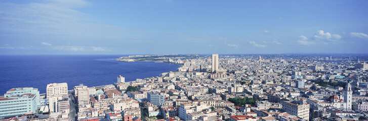 A panoramic view of Havana, Cuba with ocean