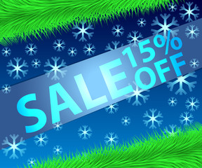 Christmas sale. Christmas background with fir branches and snowflakes. Bright snowflakes on a blue background.