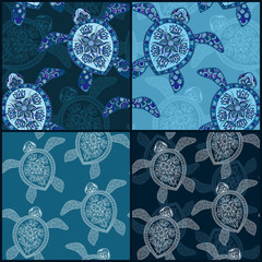 Set of vintage seamless patterns with turtles