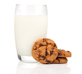 Glass of milk and cookies isolated on white
