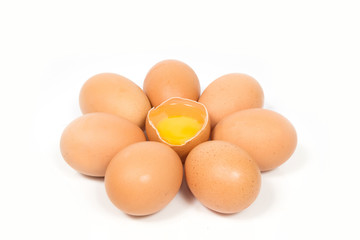Eggs and the yolk on white background