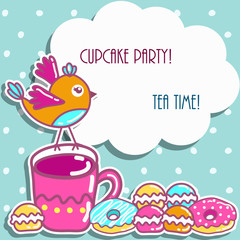 Sample cards with an bird, with cups and cakes