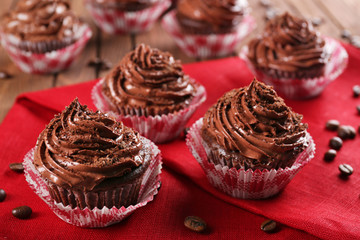 Chocolate cupcakes on red napkin closeup